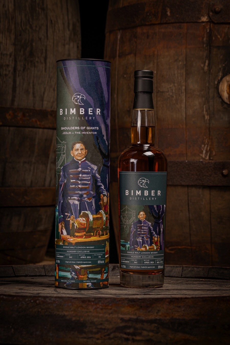 Bimber Shoulders of Giants, Jedlik The Inventor, bottle and gift tube